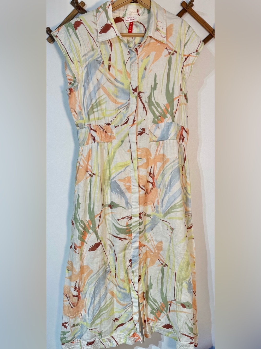 Never a wallflower abstract pastel watercolor print midi dress sz XL 100% linen